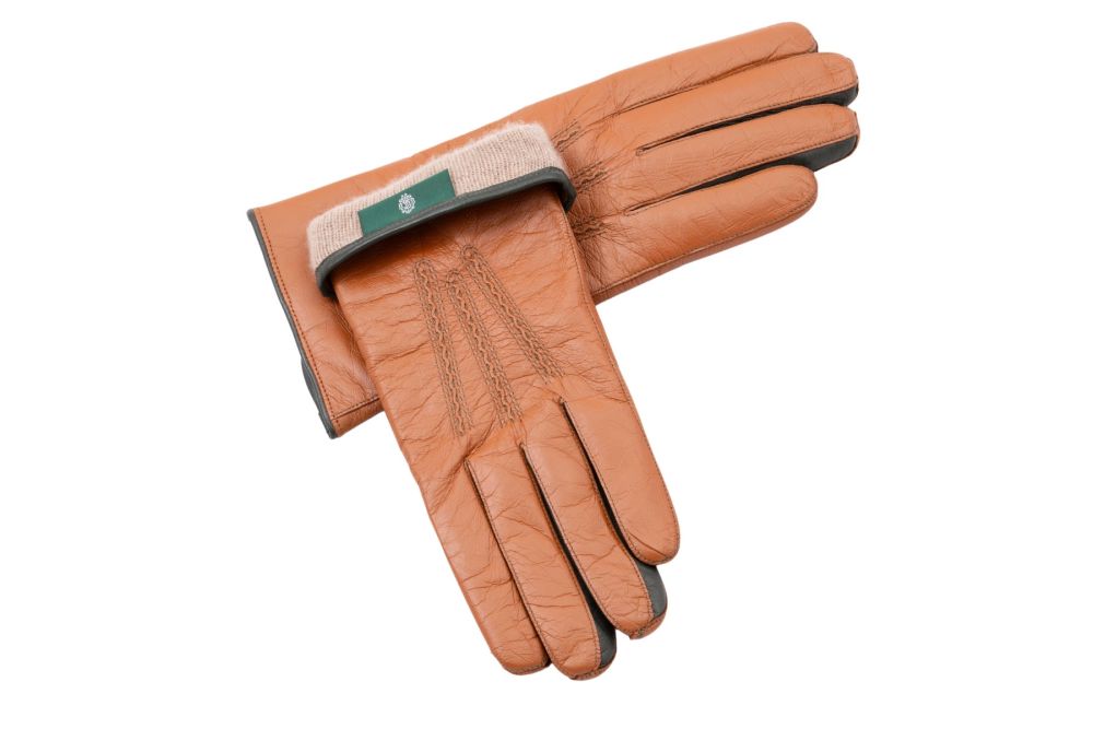 Chestnut Brown Lamb Nappa Touchscreen Gloves with Dark Green Contrast