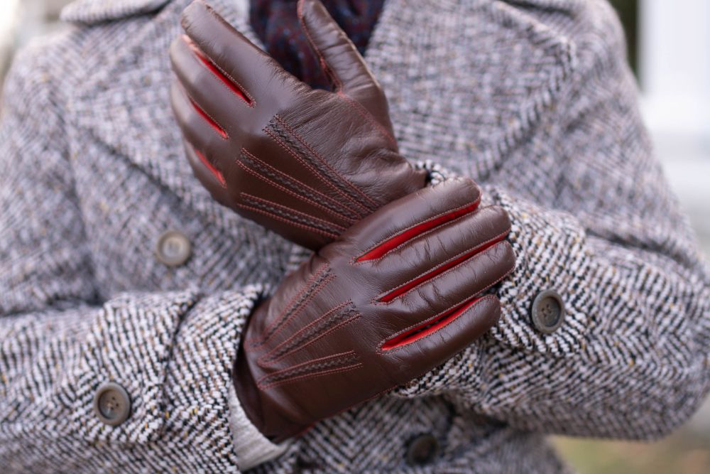 Chestnut Brown Lamb Nappa Touchscreen Gloves with Brick Contrast by Fort Belvedere