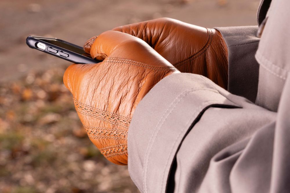 Chestnut Brown Lamb Nappa Touchscreen Gloves with Dark Green Contrast and Mobile Phone