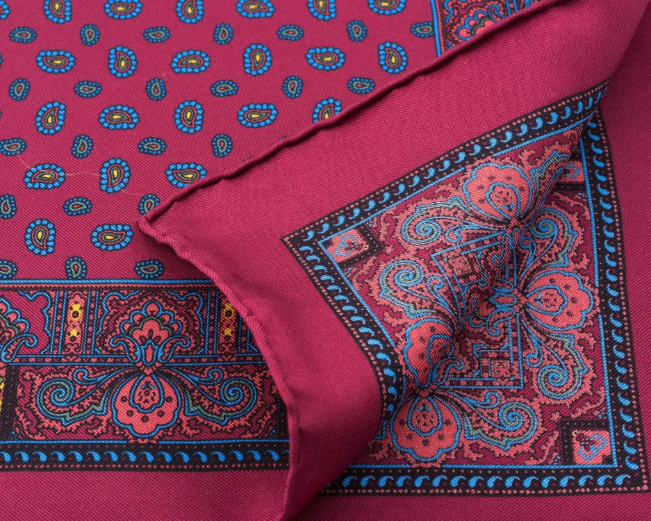 Close up Back of Burgundy Silk Pocket Square with little Paisley