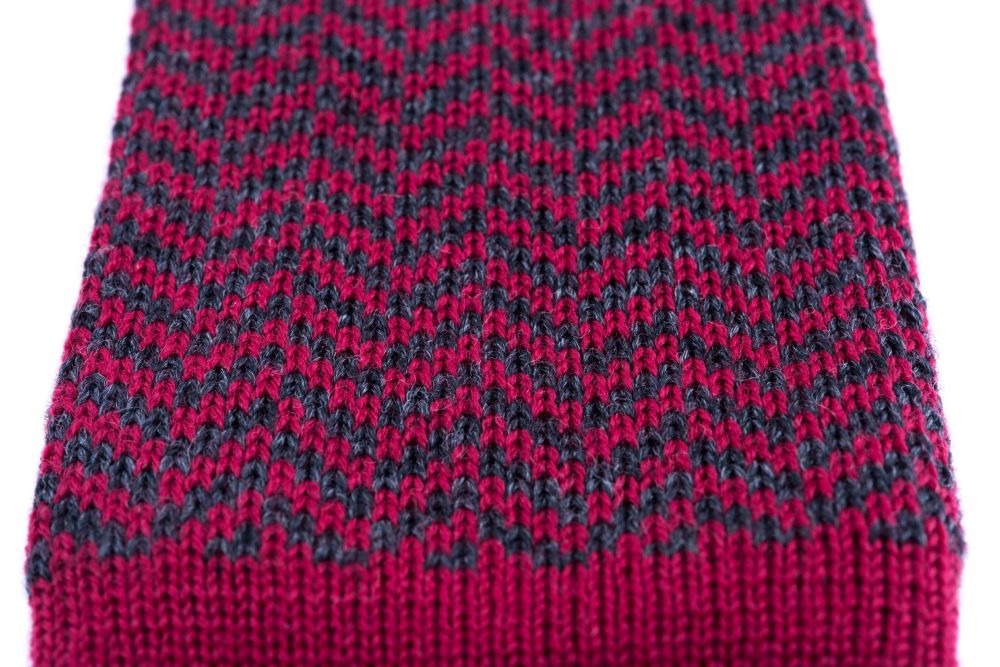details Knit Tie in Red - Grey Wool Herringbone
