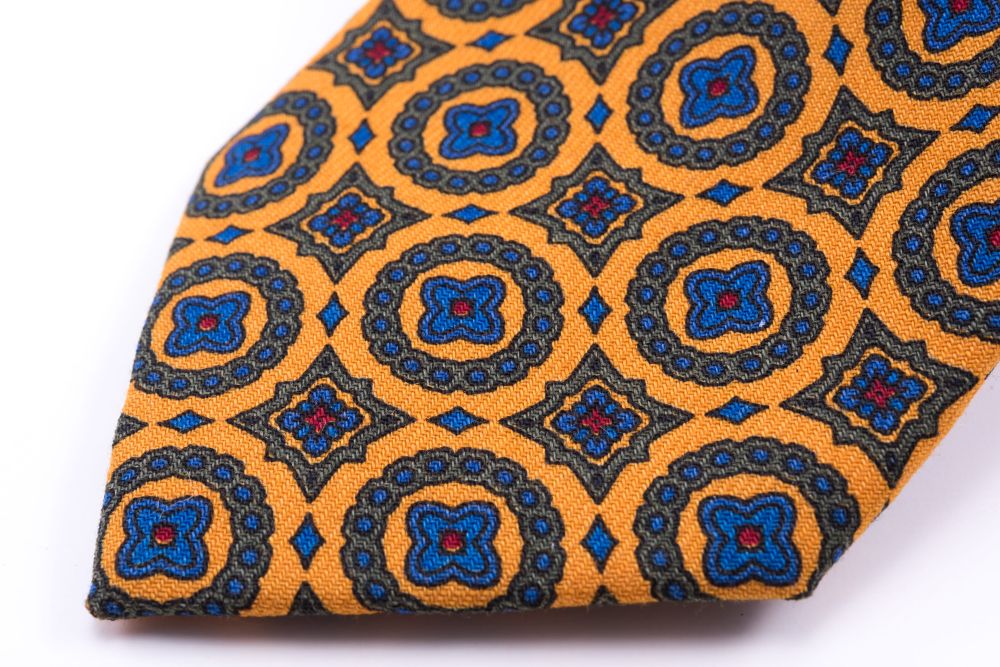 Tip Wool Challis Tie in Sunflower Yellow with Green,Blue & Red Pattern - Handmade by Fort Belvedere