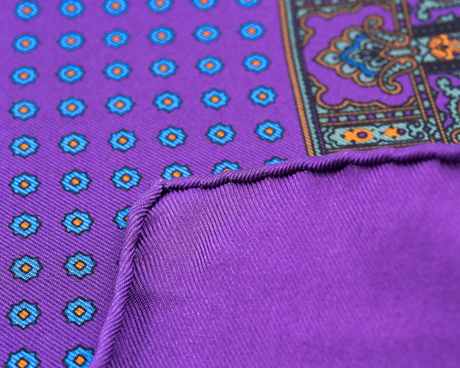 Close up Back of Purple Silk Pocket Square with Dotted Motifs & Paisley