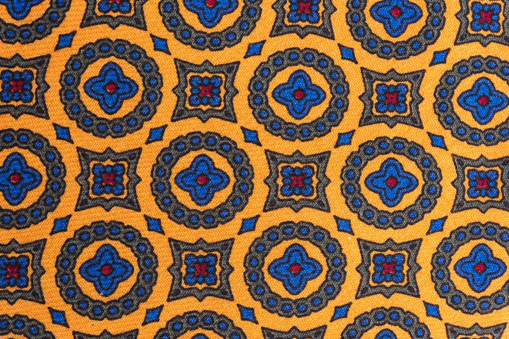 Close up Wool Challis Tie in Sunflower Yellow with Green,Blue & Red Pattern - Fort Belvedere 