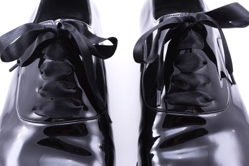 Close up of Black Satin Evening Shoelaces Wide for Tuxedo & White Tie by Fort Belvedere