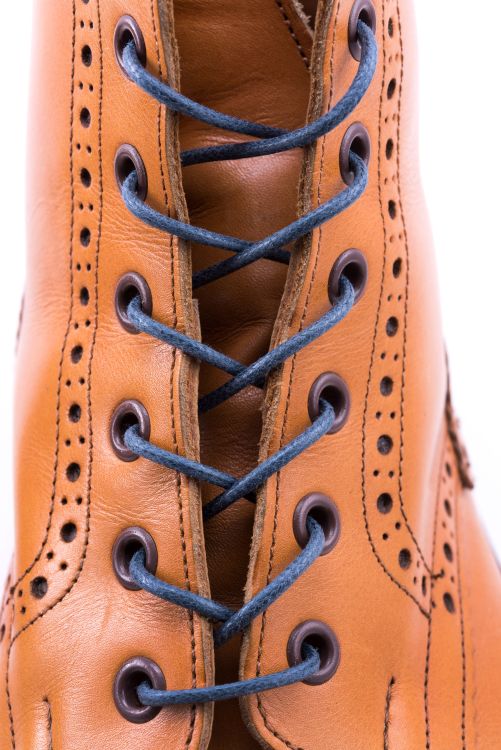 Front view of 120 cm laced up Blue Grey Boot Laces Round Waxed Cotton by Fort Belvedere