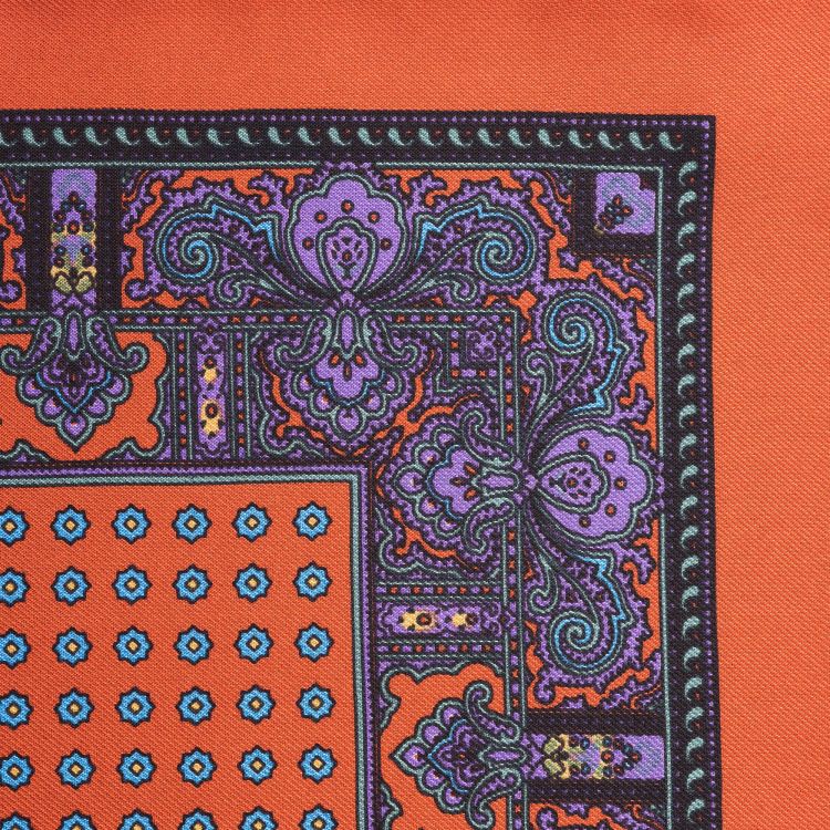 Close up of Burnt Orange Silk Pocket Square with Dotted Motifs & Paisley