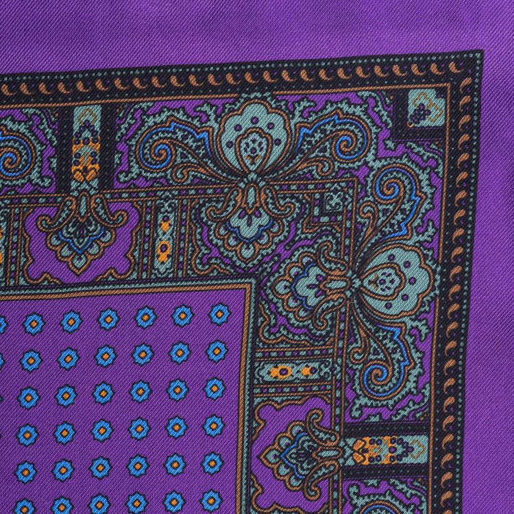 Close up of Purple Silk Pocket Square with Dotted Motifs & Paisley