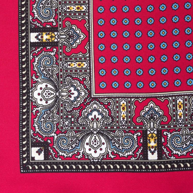 Close up of Red Silk Pocket Square with Dotted Motifs & Paisley