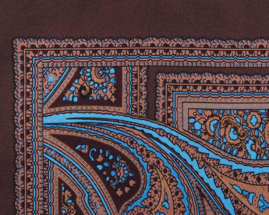 Close up of Silk Pocket Square in Brown with Blue Paisley