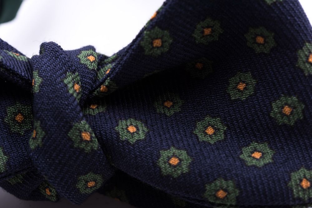 Close Up Details Wool Challis Bow Tie in Navy Blue with Green & Yellow Pattern - Fort Belvedere