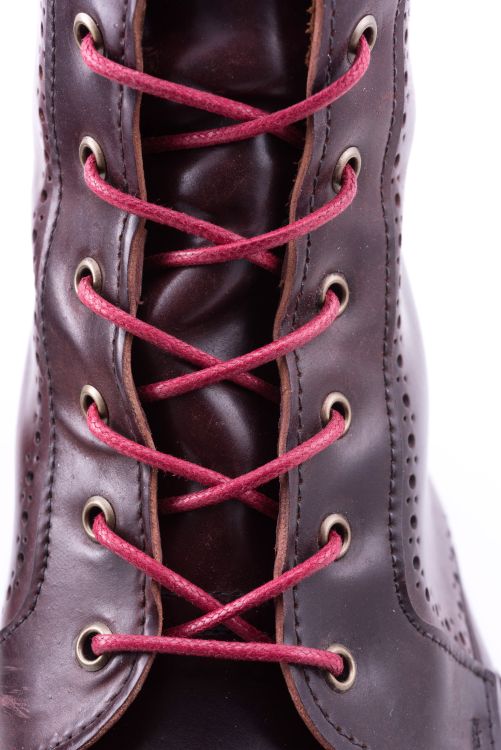 Front view  Red Boot Laces Round Waxed Cotton - by Fort Belvedere