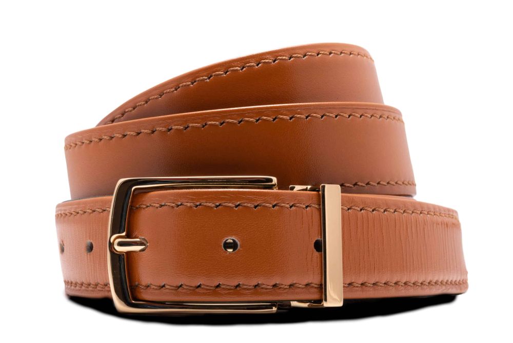 Tan Cognac Belt with folded edges and Saffiano Leather lining with Gold Benedict Brass Buckle by Fort Belvedere