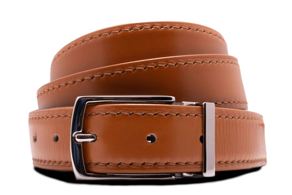 Cognac Tan boxcalf belt paired with Benedict Silver Solid Brass Belt Buckle Exchangeable Oblong Rectangle with Palladium Plating Hypoallergenic Nickel Free - Fort Belvedere