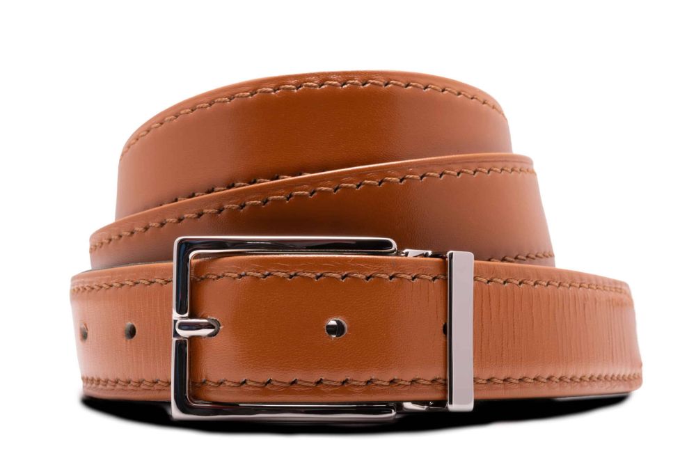 Tan Cognac boxcalf belt with Edward Silver Solid Brass Belt Buckle Exchangeable Rectangular 3.5cm with Palladium Plating Hypoallergenic Nickel Free - Fort Belvedere