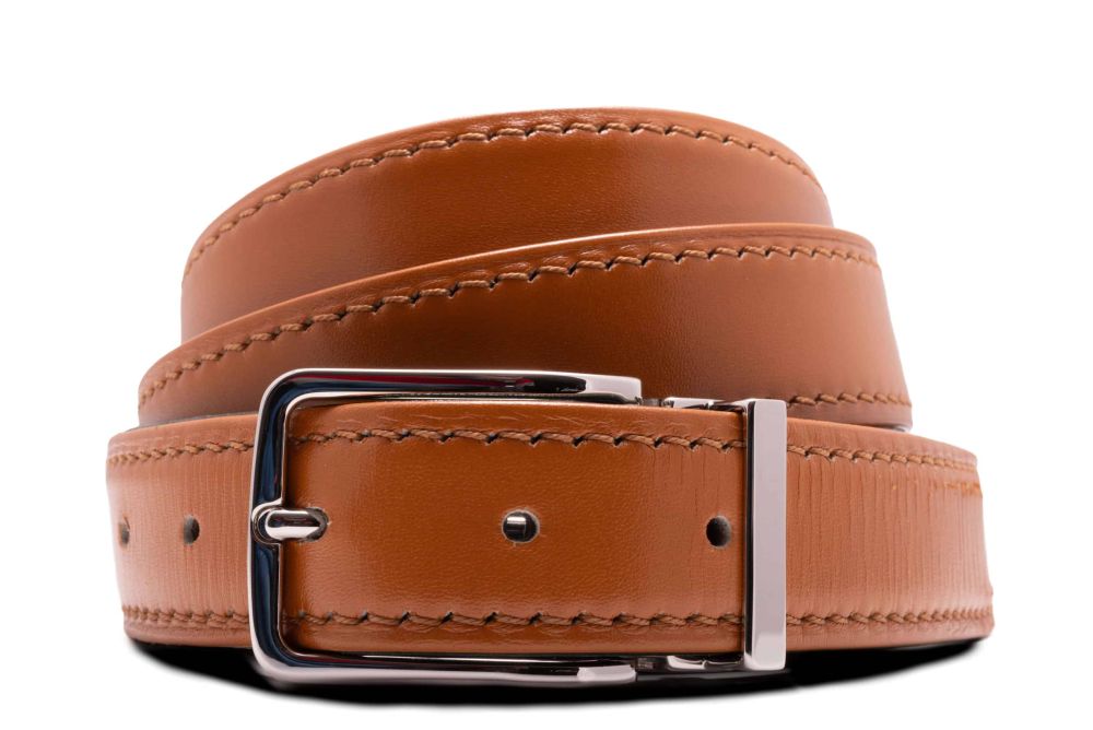 Tan Cognac Belt with folded edges and Saffiano Leather lining with Platinum Silver Neville Brass Buckle by Fort Belvedere