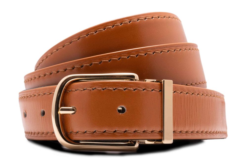 Tan Cognac Belt with folded edges and Saffiano Leather lining with Gold Jasper Brass Buckle by Fort Belvedere