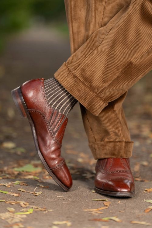 Stancliffe Corduroy Flat Front Trouser in Cognac combined with socks and loafer