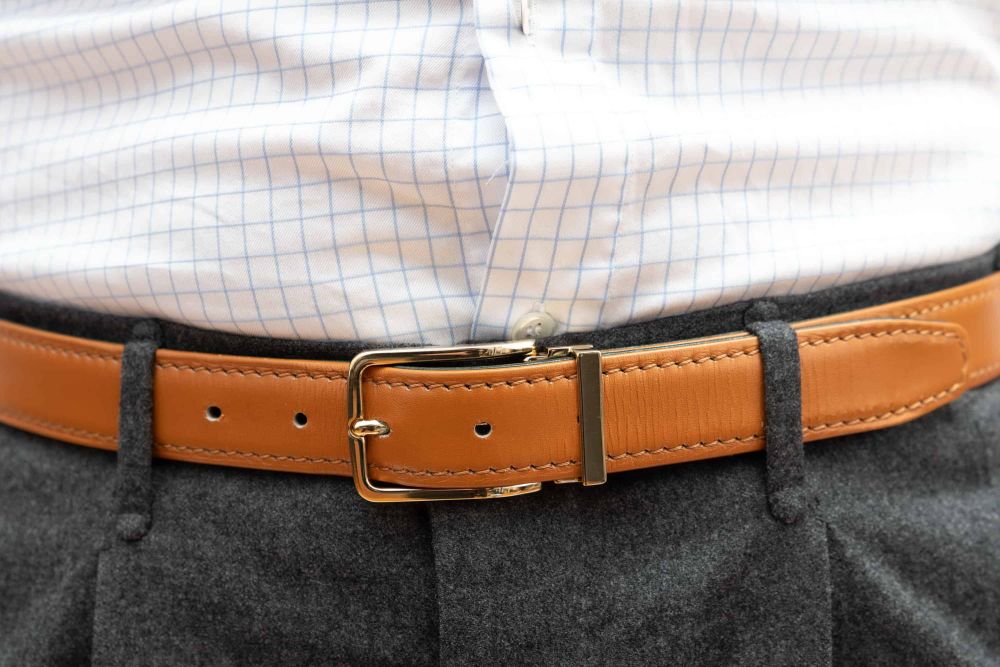Tan Cognac Belt with folded edges and Saffiano Leather lining with Platinum Gold Neville Brass Buckle by Fort Belvedere