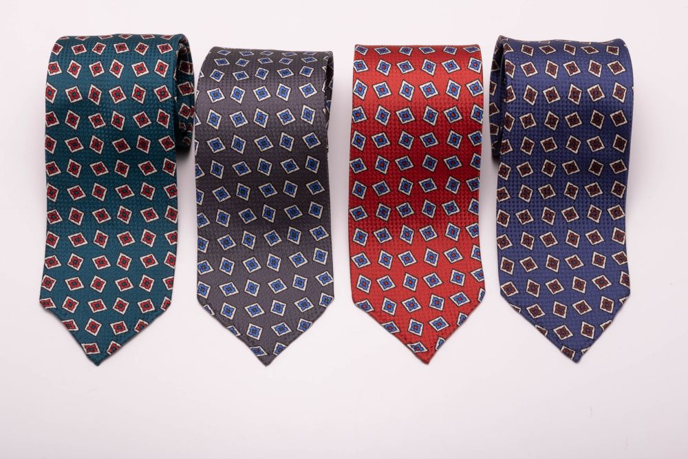 Jacquard Woven Ties with Printed Diamonds in Blue, Red, Turquoise and Grey Gray  - Fort Belvedere Collections