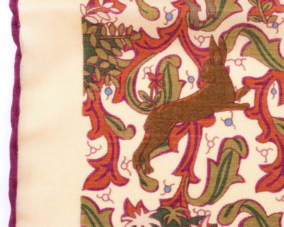 Edge of Ivory Silk-Wool Pocket Square with Hunting Motifs