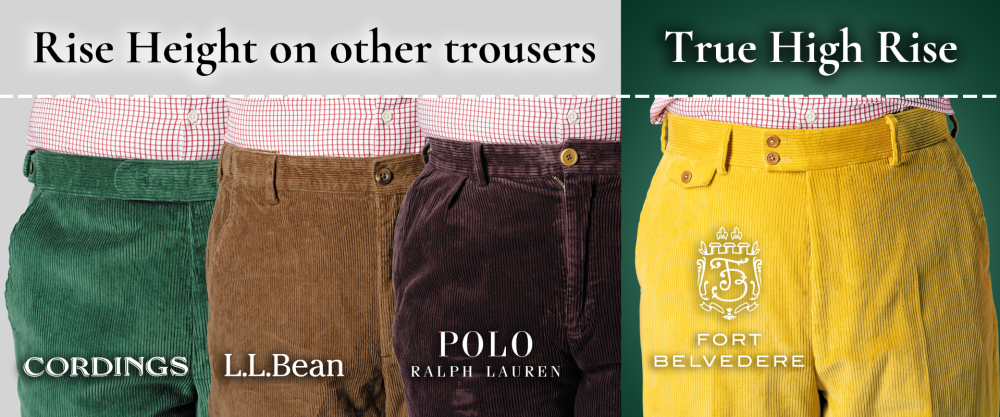 Comparison of the rise height of corduroy trousers by Cordings, L.L. Bean, Polo Ralph Lauren, and Fort Belvedere with Fort Belvedere featuring the highest rise