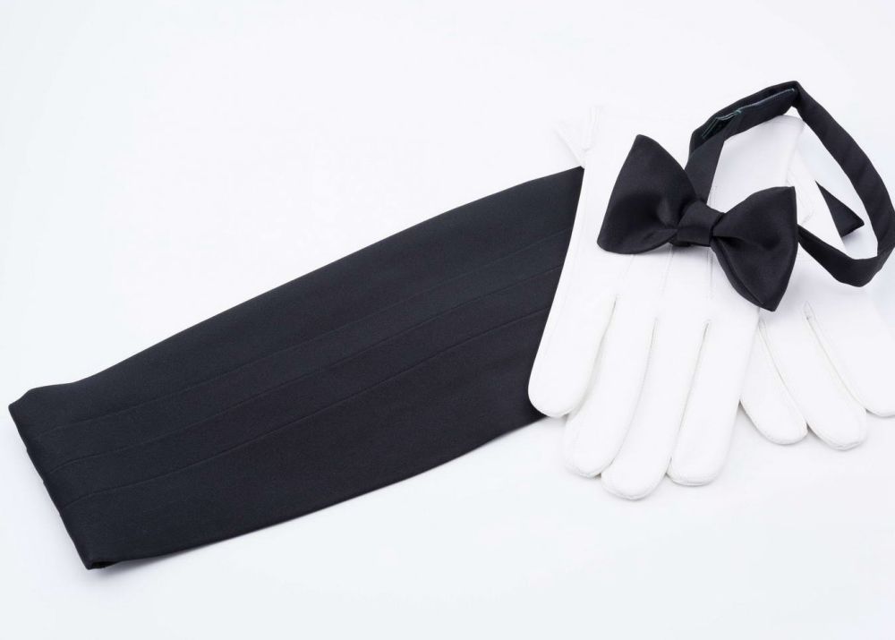 Cummerbund in Black Silk Satin with Black Silk Satin Bow Tie and White Unlined Leather Gloves