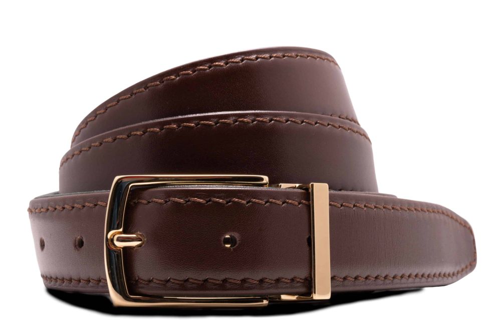 Dark Brown boxcalf leather belt Benedict Gold Solid Brass Belt Buckle Exchangeable Oblong Rectangle with Gold Plating Hypoallergenic Nickel Free - Fort Belvedere