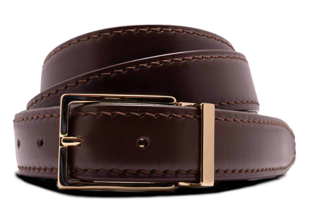 Dark Brown boxcalf leather belt Edward Gold Solid Brass Belt Buckle Exchangeable Rectangular 3.5cm with Gold Plating Hypoallergenic Nickel Free - Fort Belvedere