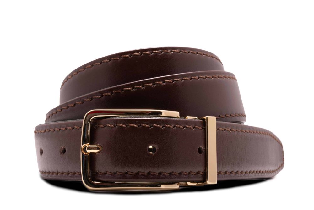 Dark Brown boxcalf leather belt Neville Gold Solid Brass Belt Buckle Soft Corner Rectangle with Gold Plating Hypoallergenic Nickel Free - Fort Belvedere