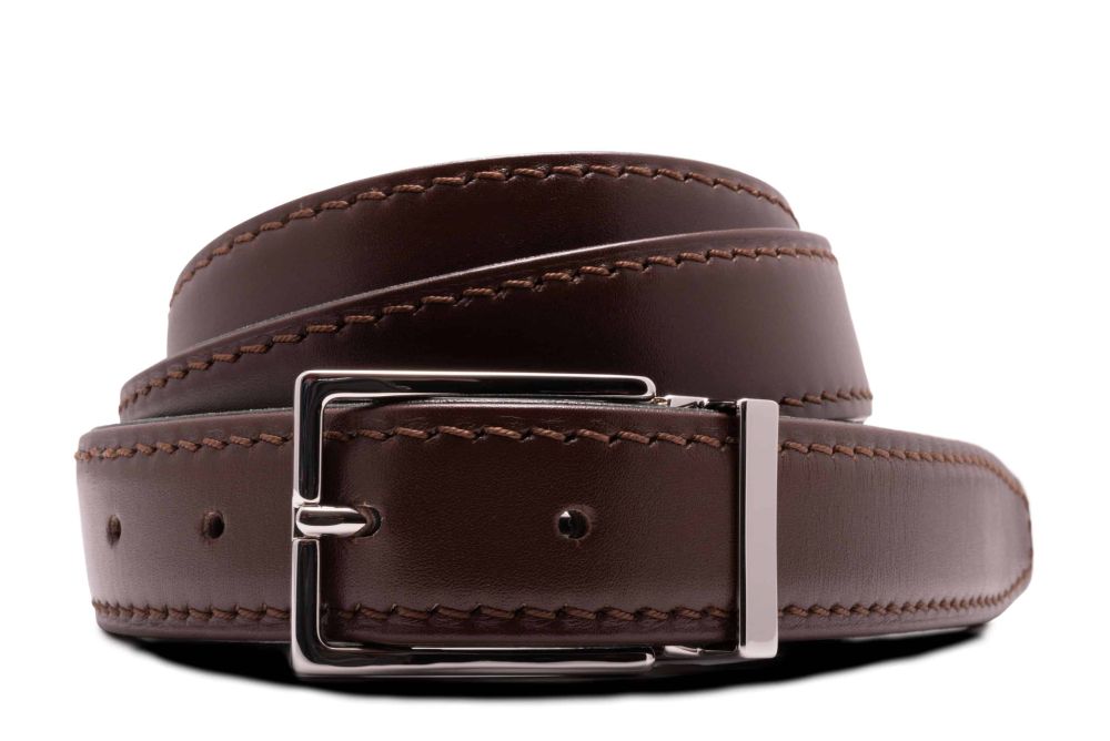 Dark Brown boxcalf belt with Edward Silver Solid Brass Belt Buckle Exchangeable Rectangular 3.5cm with Palladium Plating Hypoallergenic Nickel Free - Fort Belvedere
