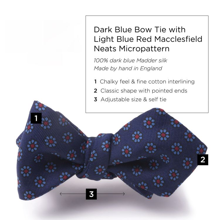 Dark Blue Bow Tie in Soft Ancient Madder Silk with Light Blue Red Macclesfield Neats Micropattern - Fort Belvedere