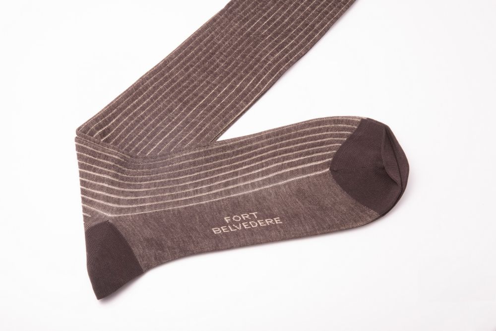 Shadow Stripe Ribbed Socks Dark Brown and Beige Fil d'Ecosse Cotton - Fort Belvedere