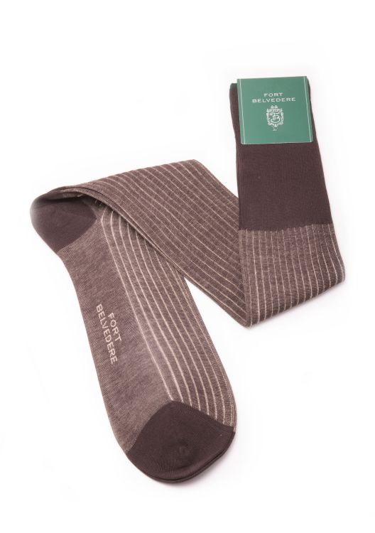 Shadow Stripe Ribbed Socks Dark Brown and Beige Fil d Ecosse Cotton - Fort Belvedere