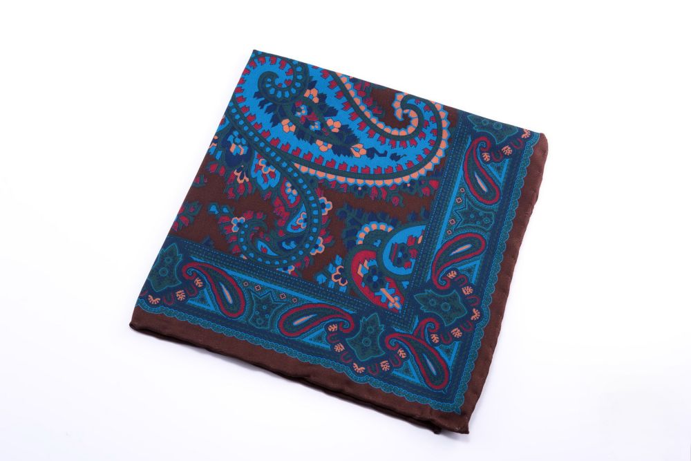 Dark Brown Madder Silk Pocket Square with Turquoise,Green, Brown Large Paisley- Fort Belvedere