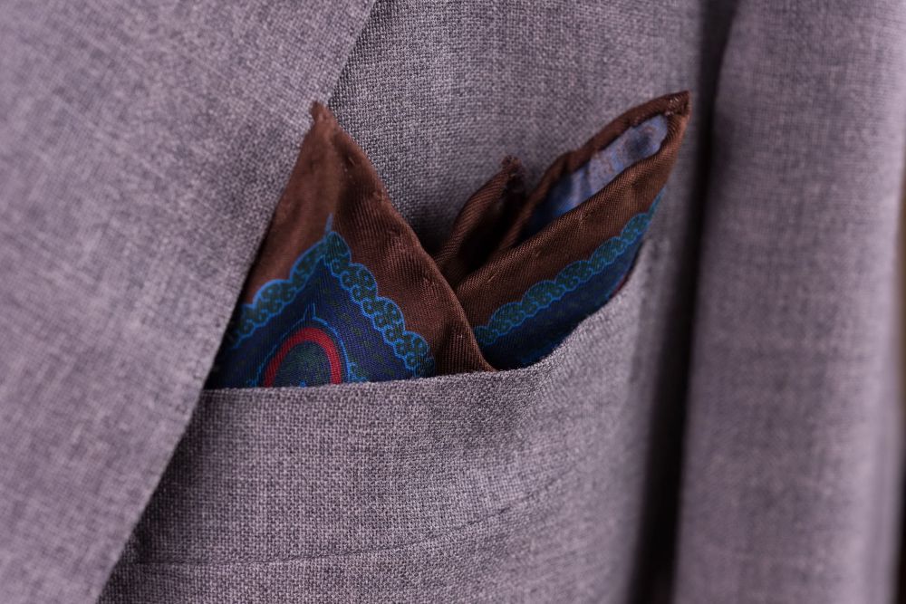 Dark Brown Madder Silk Pocket Square with Turquoise,Green, Brown Large Paisley with handrolled edges - Fort Belvedere
