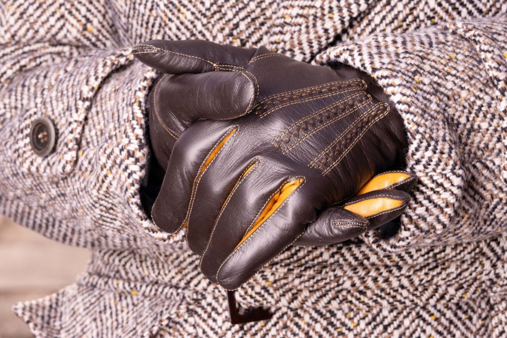 Dark Chocolate Brown Lamb Nappa Touchscreen Gloves with Whisky Contrast Front View