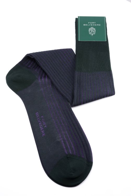 Shadow Stripe Ribbed Socks Dark Green and Purple Fil d'Ecosse Cotton - Fort Belvedere