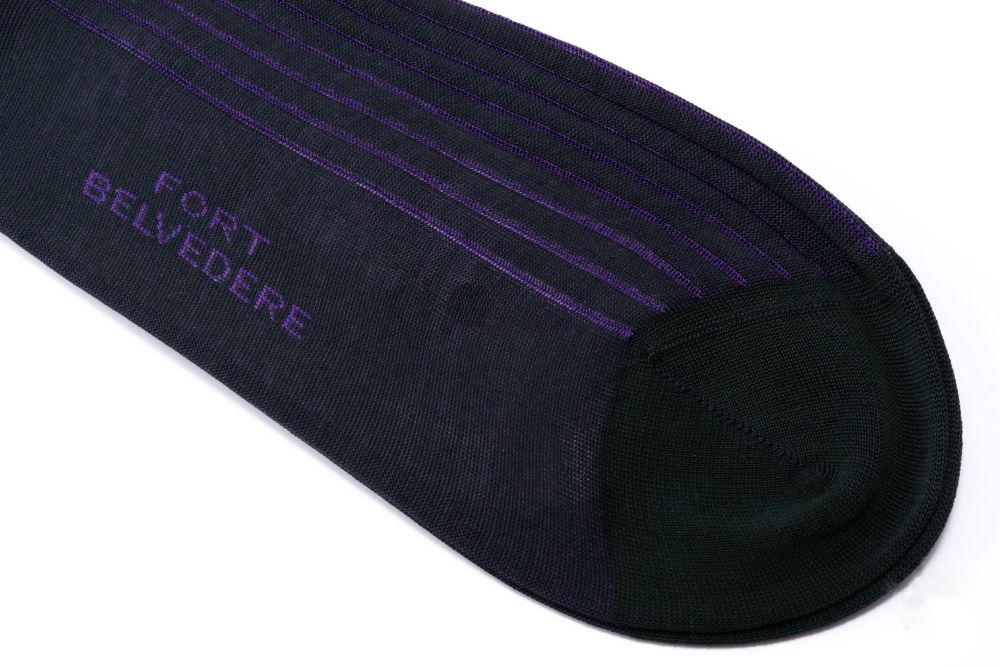 Dark Green Forest and deep purple Ribbed Over the Calf Socks with Shadow Stripes Cotton Fil d Ecosse - Made in Italy by Fort Belvedere hand kettled