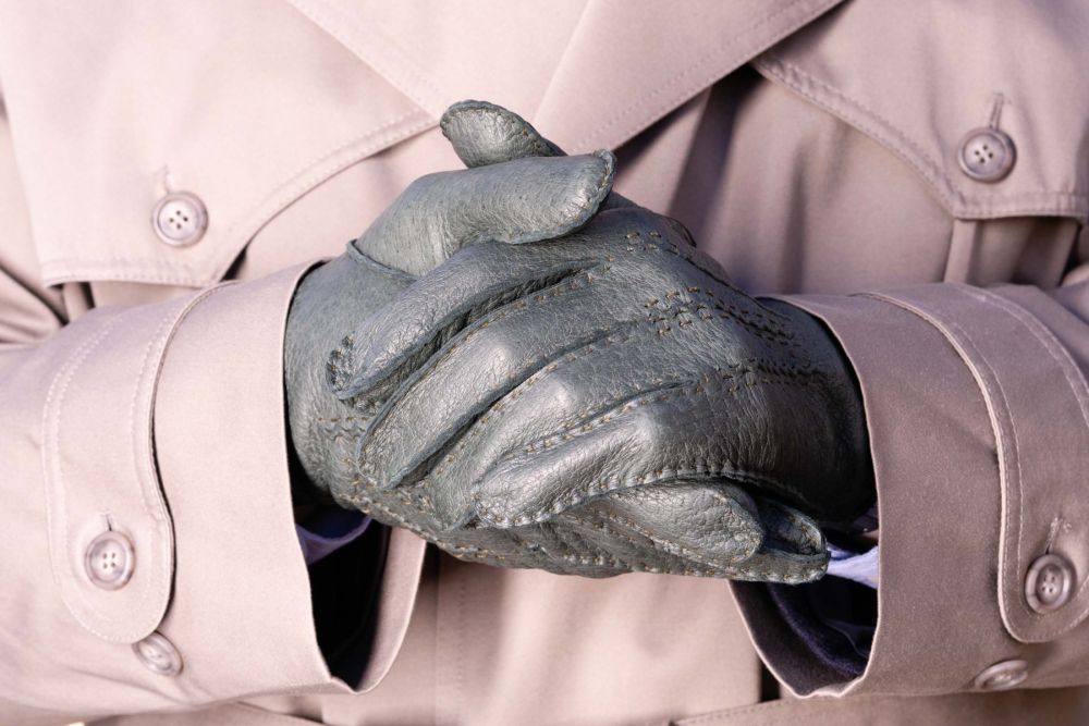 Unlined Peccary Gloves in British Racing Green with Olive Green Contrast Focused Image When Worn