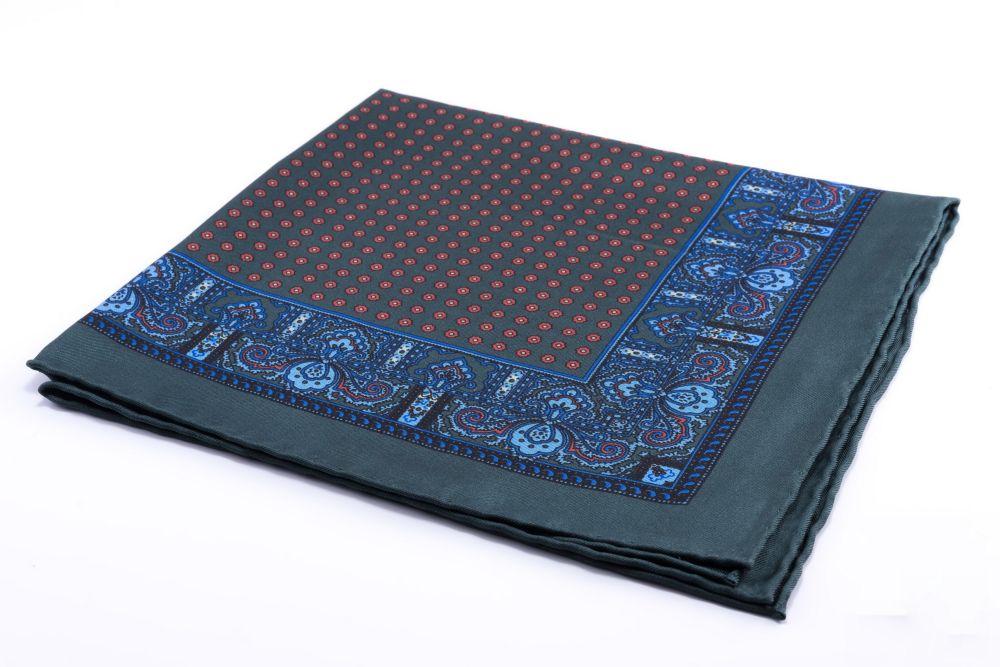 Dark Green Silk Pocket Square with Orange Dots Motifs and Blue Paisley - Fort Belvedere