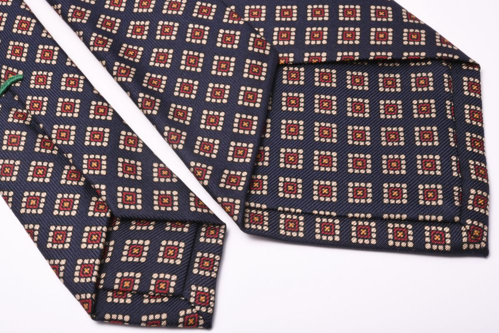 Madder Print Silk Tie in Navy with Red, Buff and Orange Diamond Pattern - Fort Belvedere