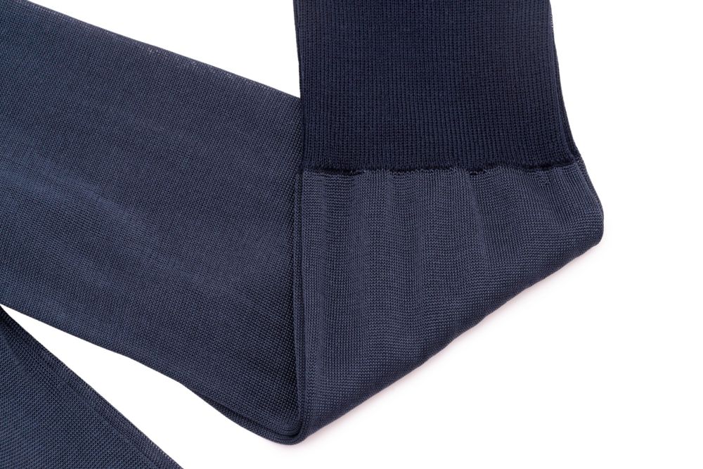 Cotton Elastic on top and silk base of the Finest Silk Socks In The World - Over The Calf in Navy Blue by Fort Belvedere