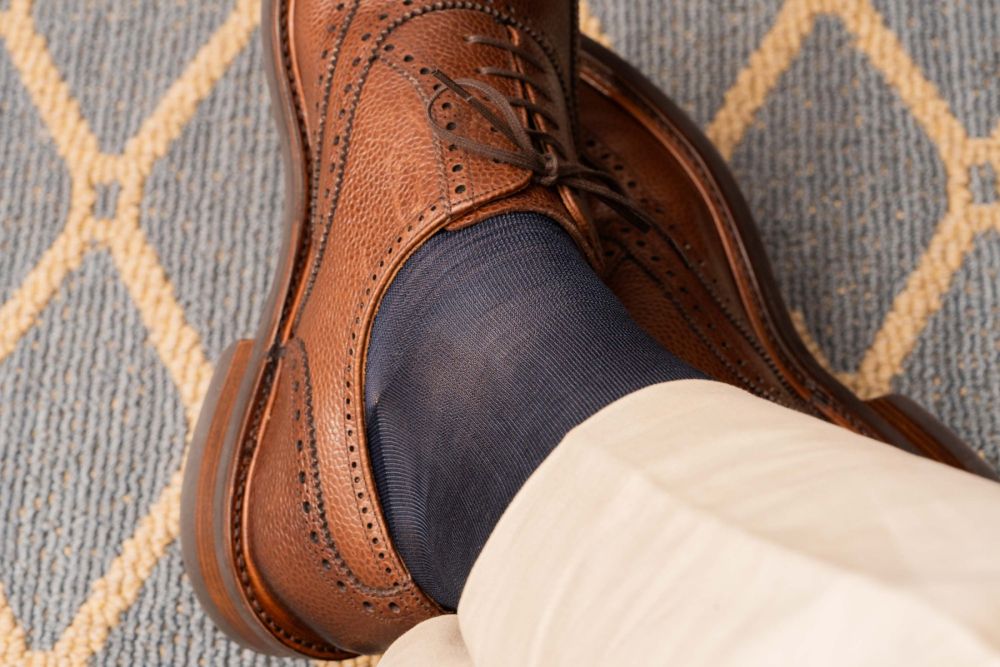 Detail shot of texture of Finest Silk Socks In The World - Over The Calf in Deep Dark Navy Blue by Fort Belvedere