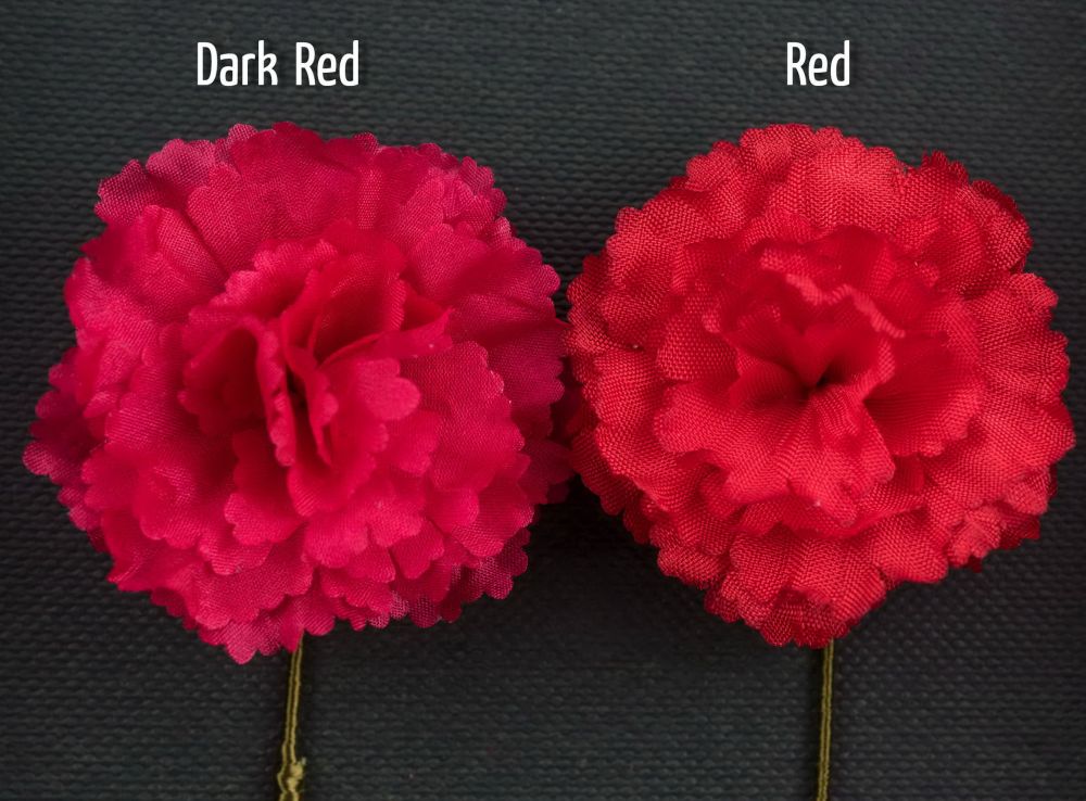Dark Red Mini Carnation left - Red Mini Carnation Right - both boutonnieres handmade by Fort Belvedere