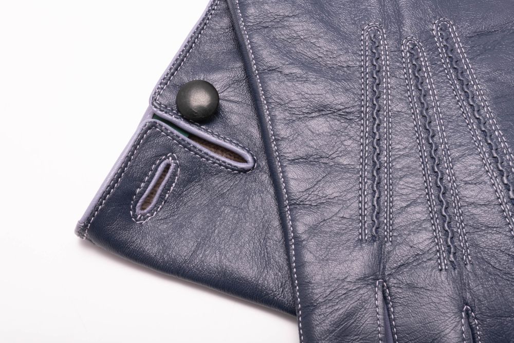 Denim Blue Lamb Nappa Touchscreen Gloves with Periwinkle Contrast by Fort Belvedere - button closure