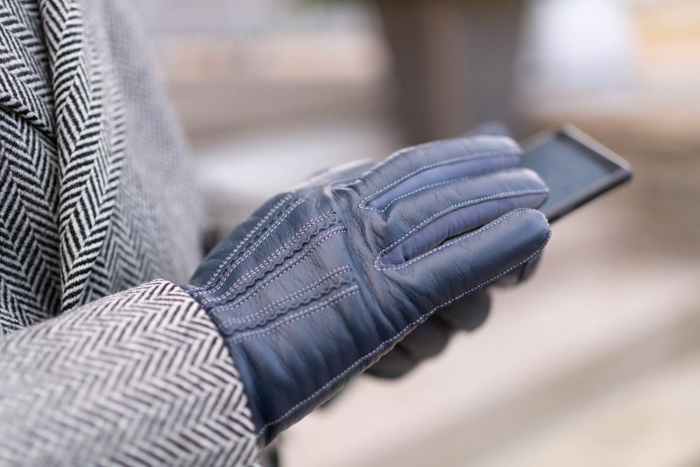 Denim Blue Lamb Nappa Touchscreen Gloves with Periwinkle  by Fort Belvedere