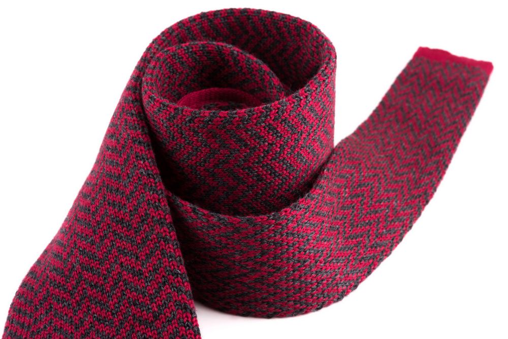 Knit Tie in Red - Grey Wool Herringbone - Fort Belvedere