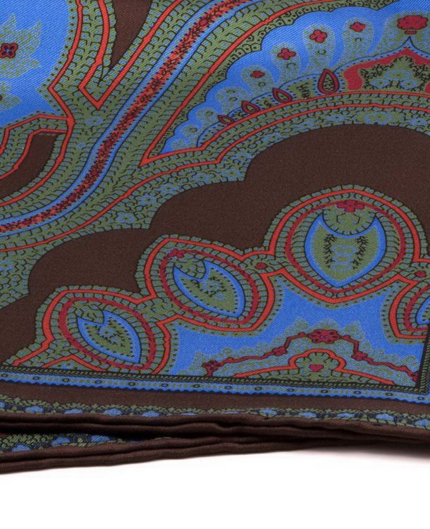 Close Up Details of Silk Pocket Square in Brown with Blue, Green, Red Large Paisley Pattern- Fort Belvedere