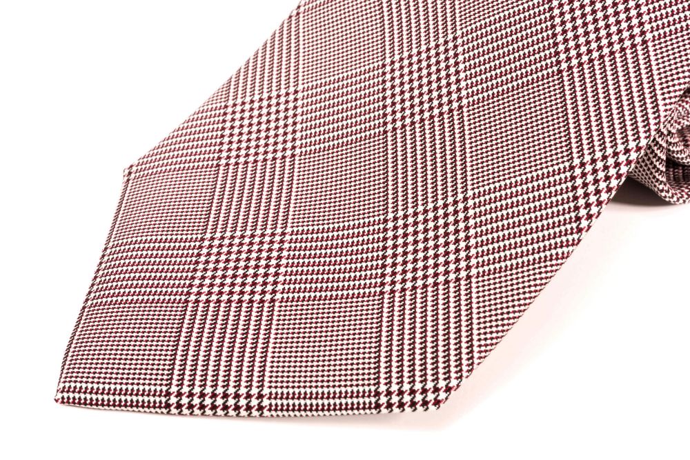 Rolled Prince of Wales Glen Check Silk Tie in Burgundy White - Fort Belvedere